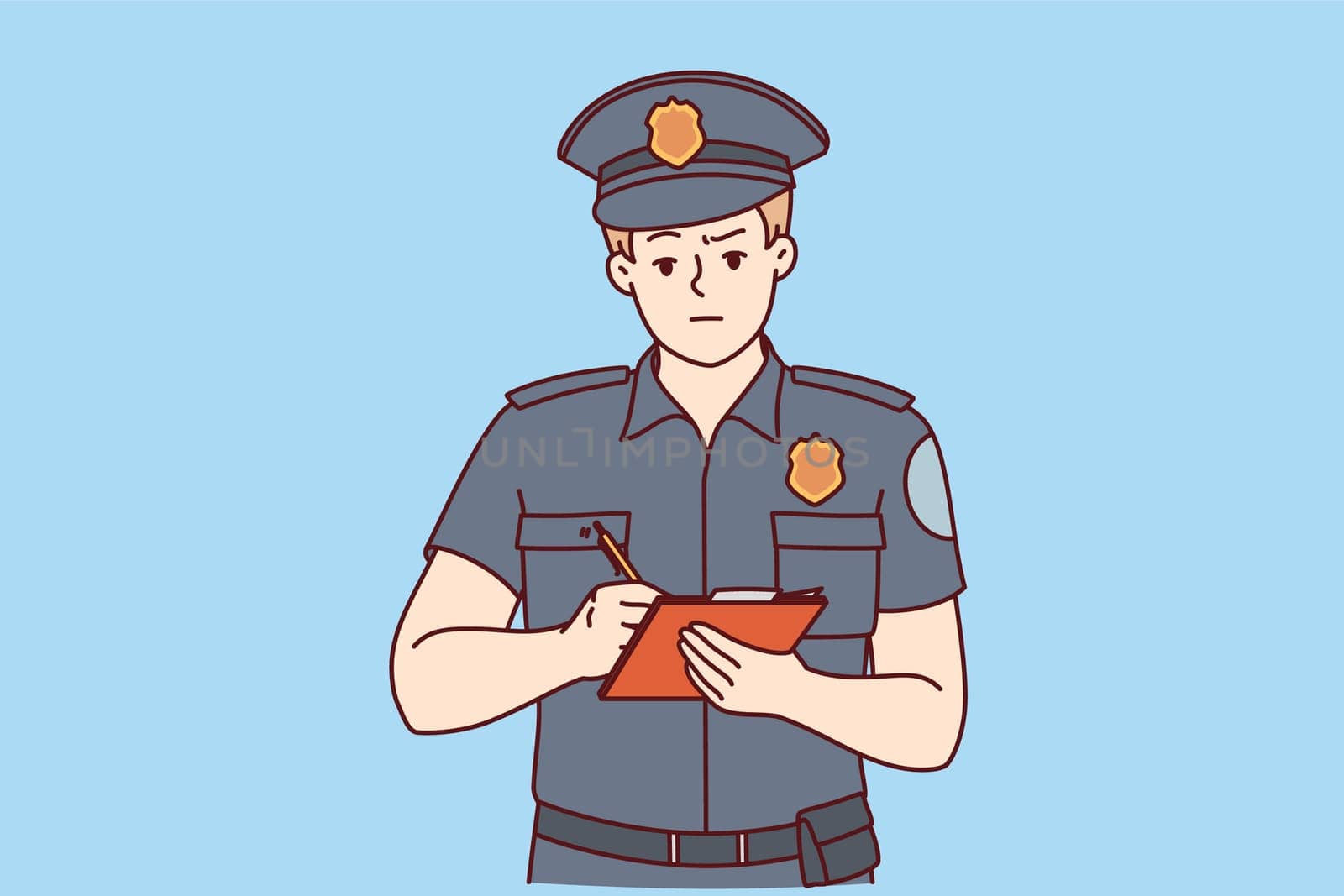 Man detective in police uniform takes notes in notebook and recording victims testimony. Guy police officer, issuing fine for driver who violated parking rules or exceeded speed of car.