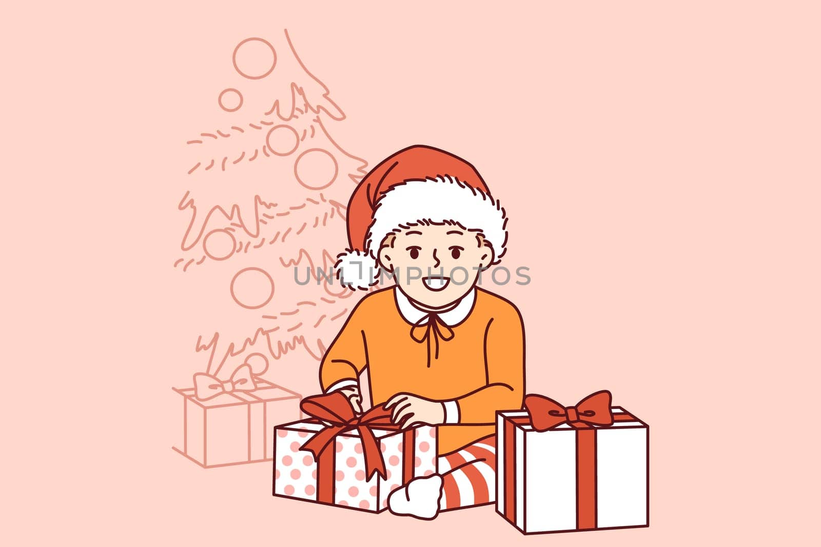 Little pre-teen boy sits near christmas tree and gifts from santa claus and smiling looks at screen. Kid rejoices at arrival of christmas or new year and large number of giftboxes from parents