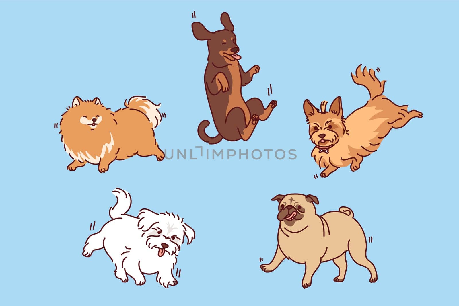 Dogs and puppies of different breeds fly in air with various emotions for concept veterinary clinic or pet products. Hovering dogs to advertise zoo services or nurseries to find new homes for puppies