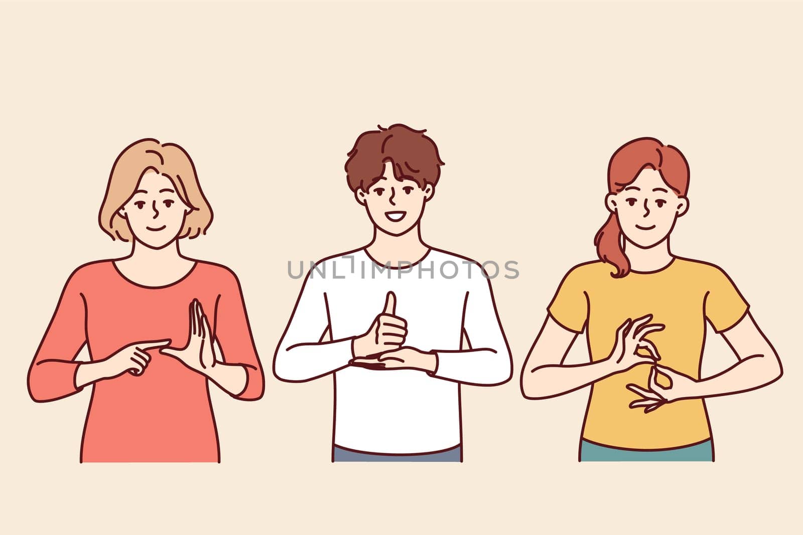 Deaf and mute people use sign language by showing palm signs to communicate instead of speaking. Man and two women make hand gestures teaching sign language interpretation for concept of inclusion