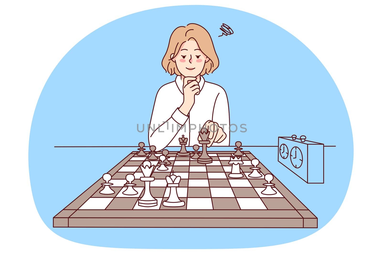 Smart girl playing chess. Clever young woman sit at desk enjoy logical board game. Knowledge and hobby. Vector illustration.