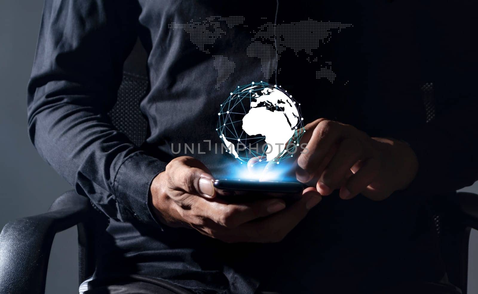 Connecting and communicating people through the network of the Internet, Business man with smartphone mobile, Networking people concept, People's work and transactions occur online and on the internet.