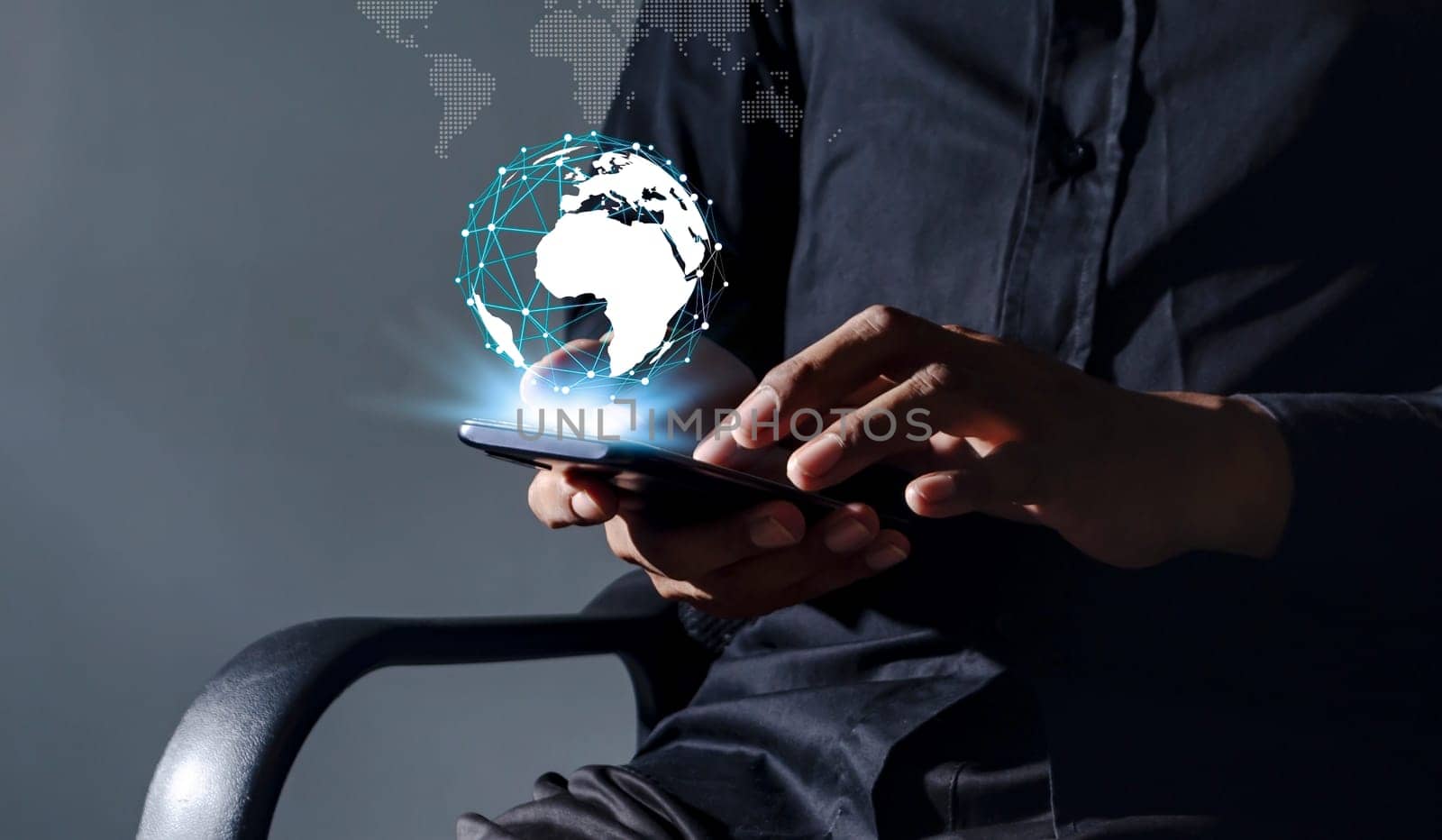 Connecting and communicating people through the network of the Internet, Business man with smartphone mobile, Networking people concept, People's work and transactions occur online and on the internet.