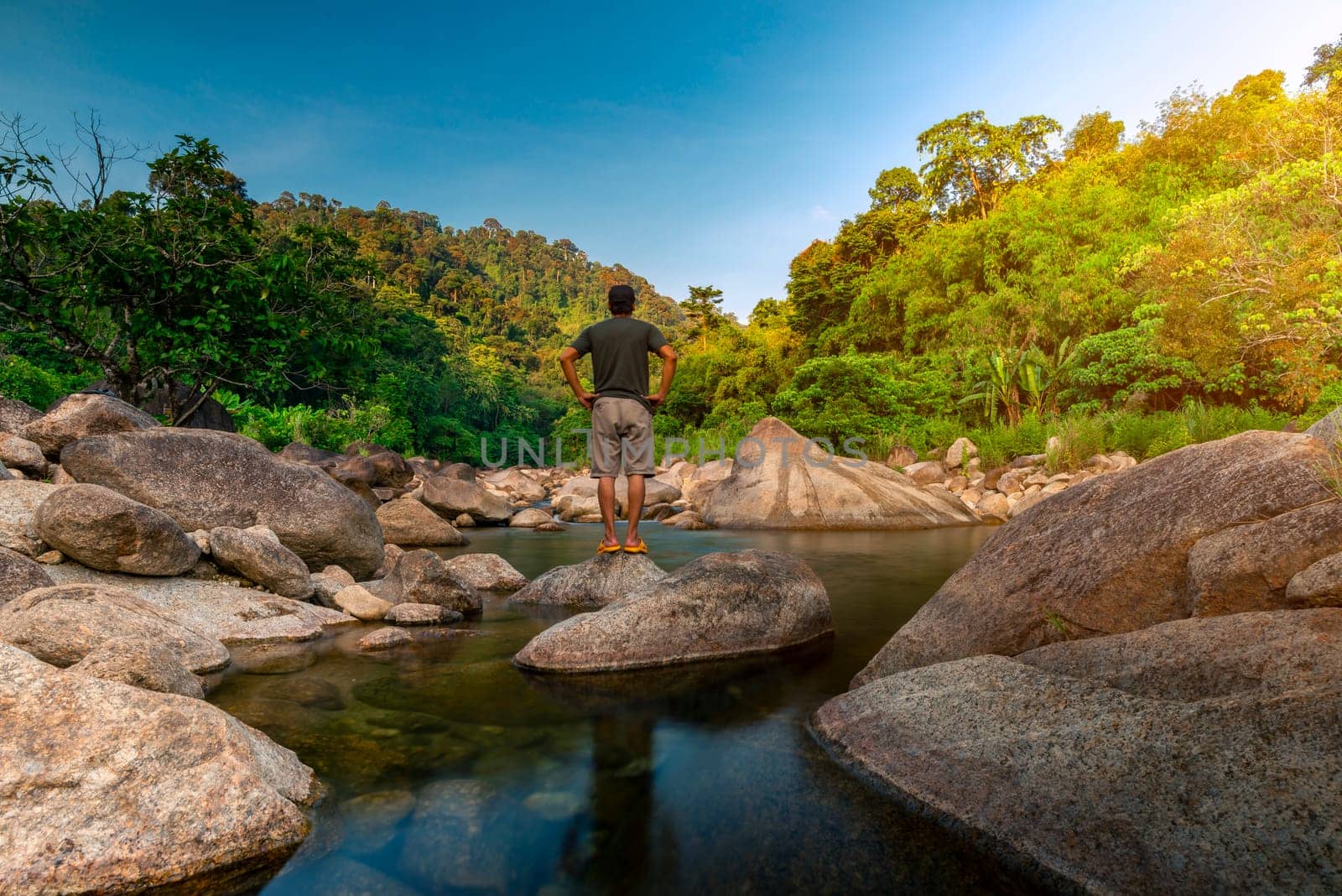 River stone and tree with man relax in sun light, View water river tree, Stone river and sun ray in forest