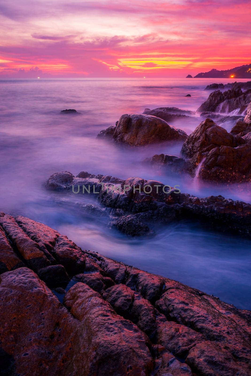 Seascape landscape nature with color of cloud sunset and sky, Pacific Pink, Trend color of the year background