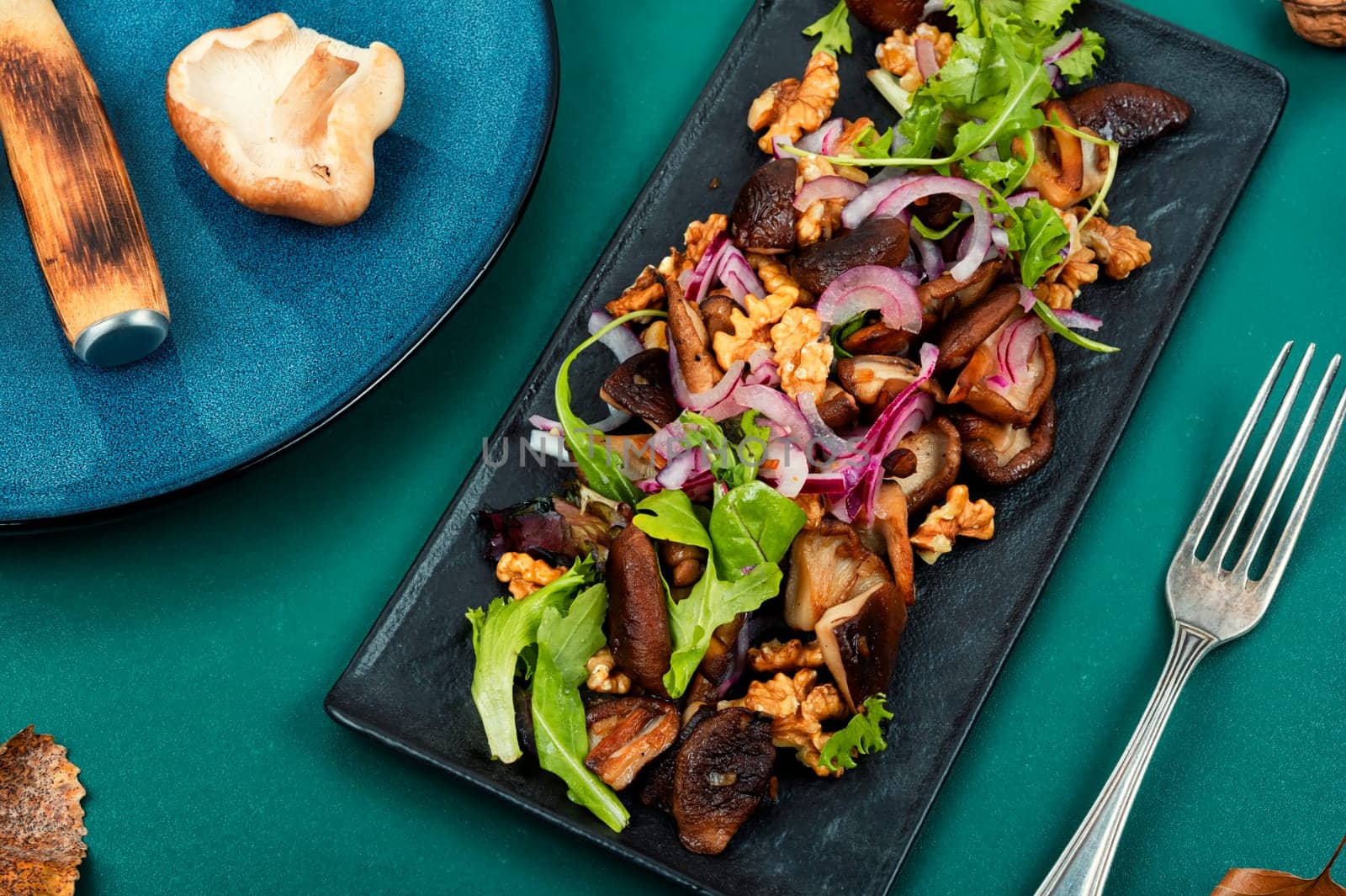 Homemade salad with roasted mushroom, red onion, herbs and walnuts. Healthy vegetarian food