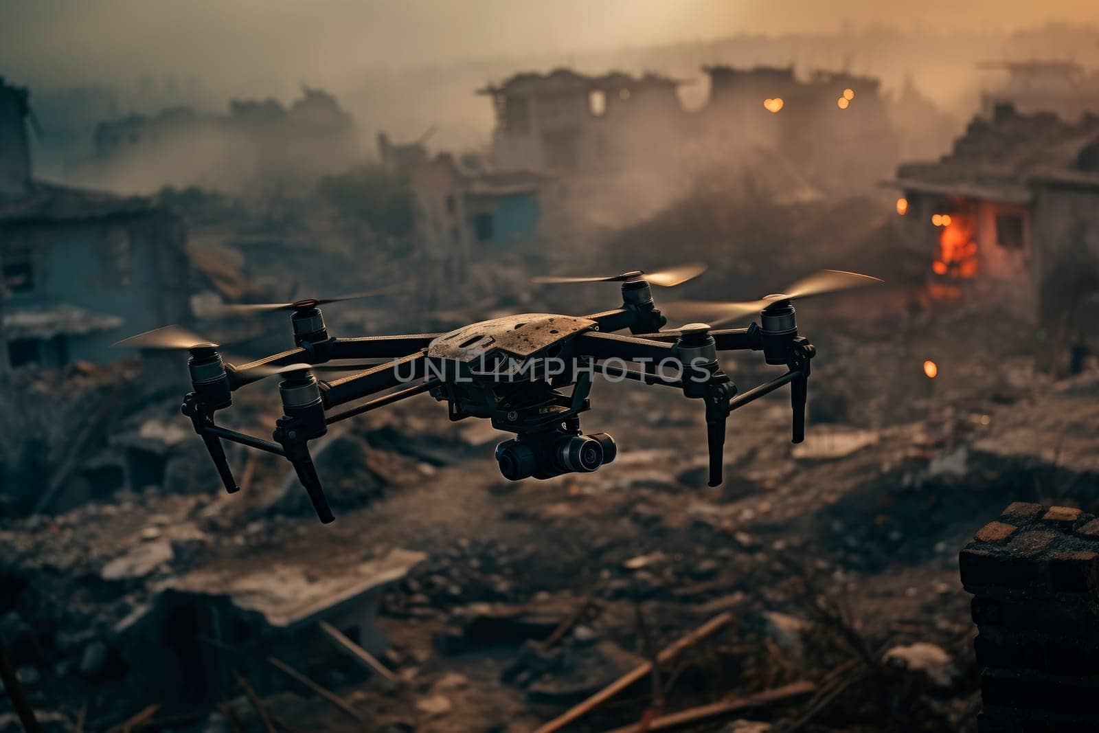 Drone flying over the demolished city.Advanced drones are used for both drone strikes and battlefield intelligence. AI generated