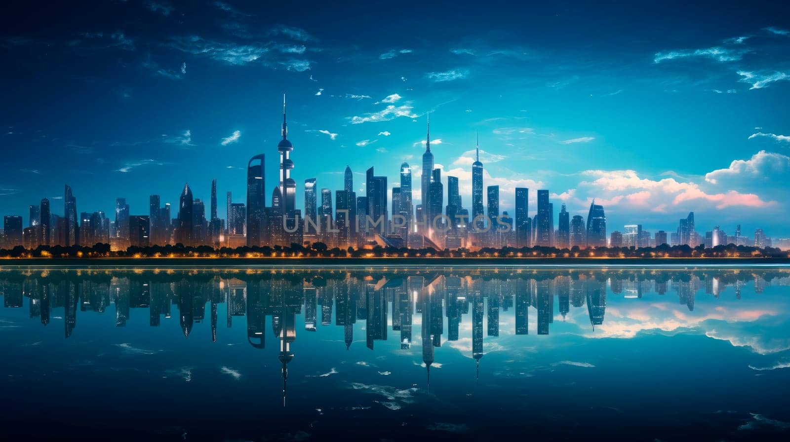Sparkling city skyline reflected in a glassy lake, smart city. A futuristic night city panorama with reflection on a calm water. AI generated