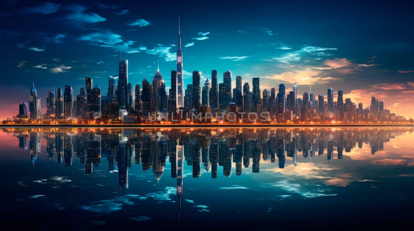 Sparkling city skyline reflected in a glassy lake, smart city. A futuristic night city panorama with reflection on a calm water. AI generated