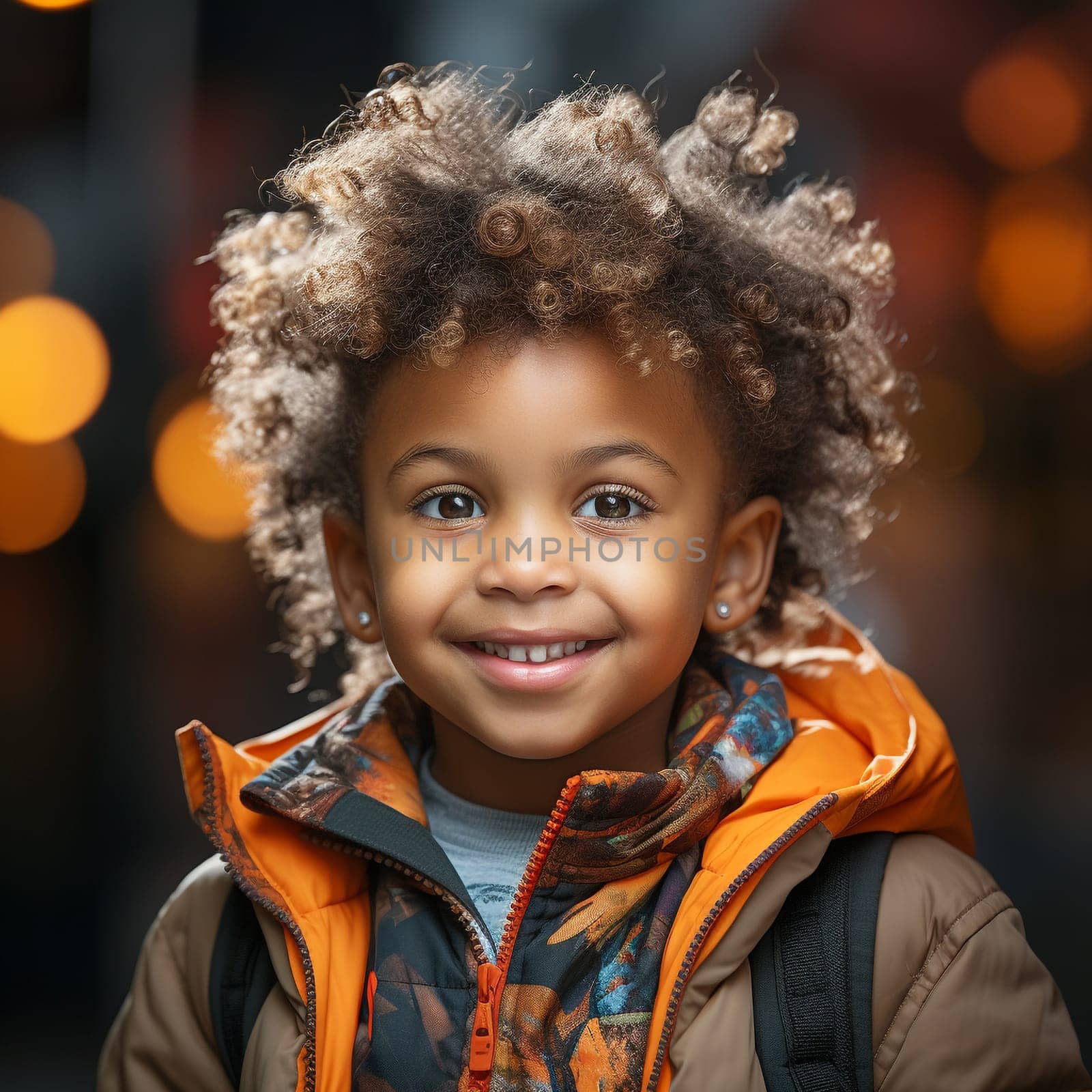 Portrait of a happy black african girl, smiling child face, childhood concept, positive emotion, colorful background