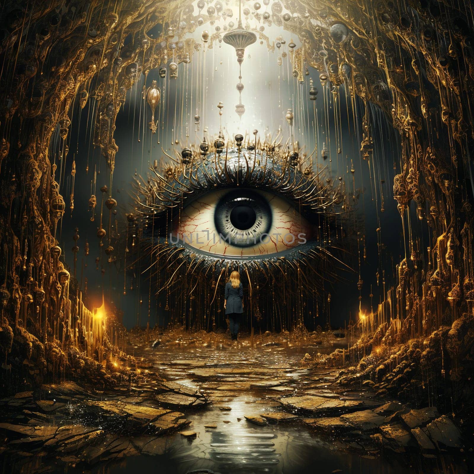 Woman stands in front of a huge eye in a tunnel, hypnosis and control, manipulation by media, optical illusion, influence and consciousness