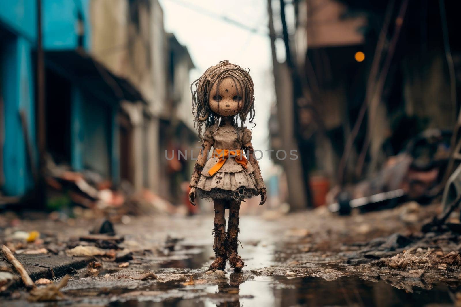 Frightened old dirty doll standing on a street of War destroyed city. Horribleness of war. The concept of the horrors of military conflicts. War and children concept. AI generated