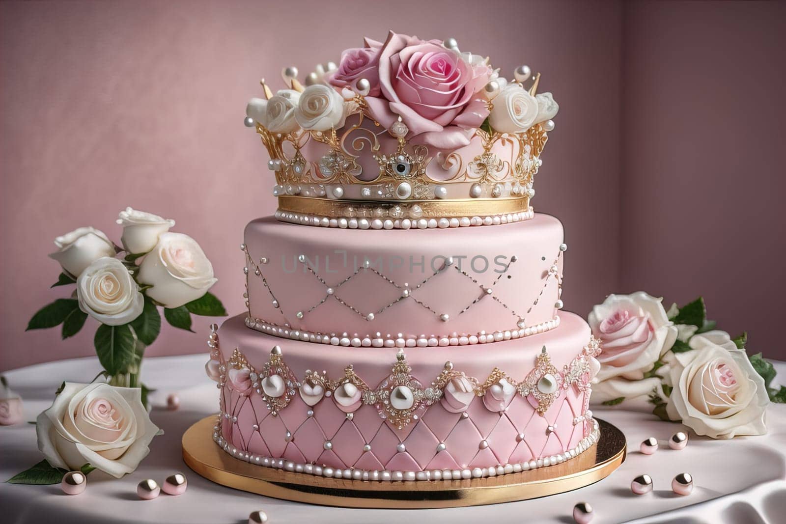 Wedding cake decorated with pink roses and gold crown on the table. ai generative