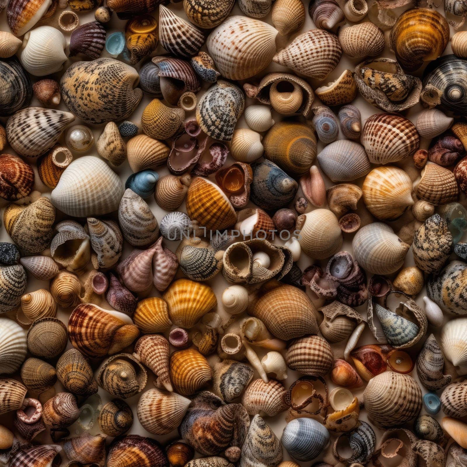 various seashells background, seamless tile, AI generated