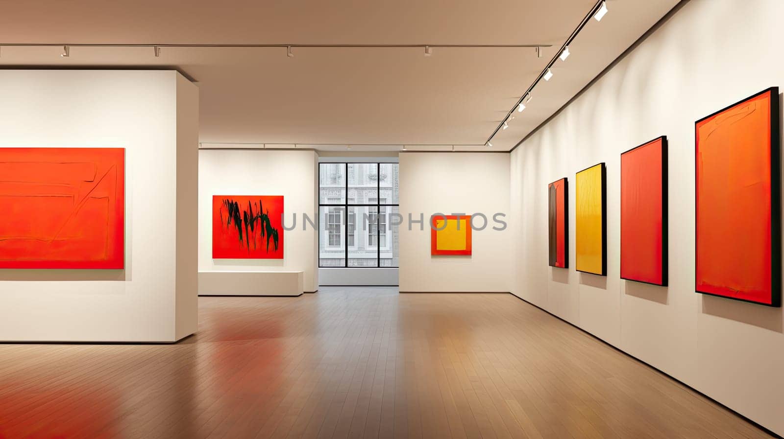 contemporary art gallery with absract colorfield artworks on the walls, AI generated