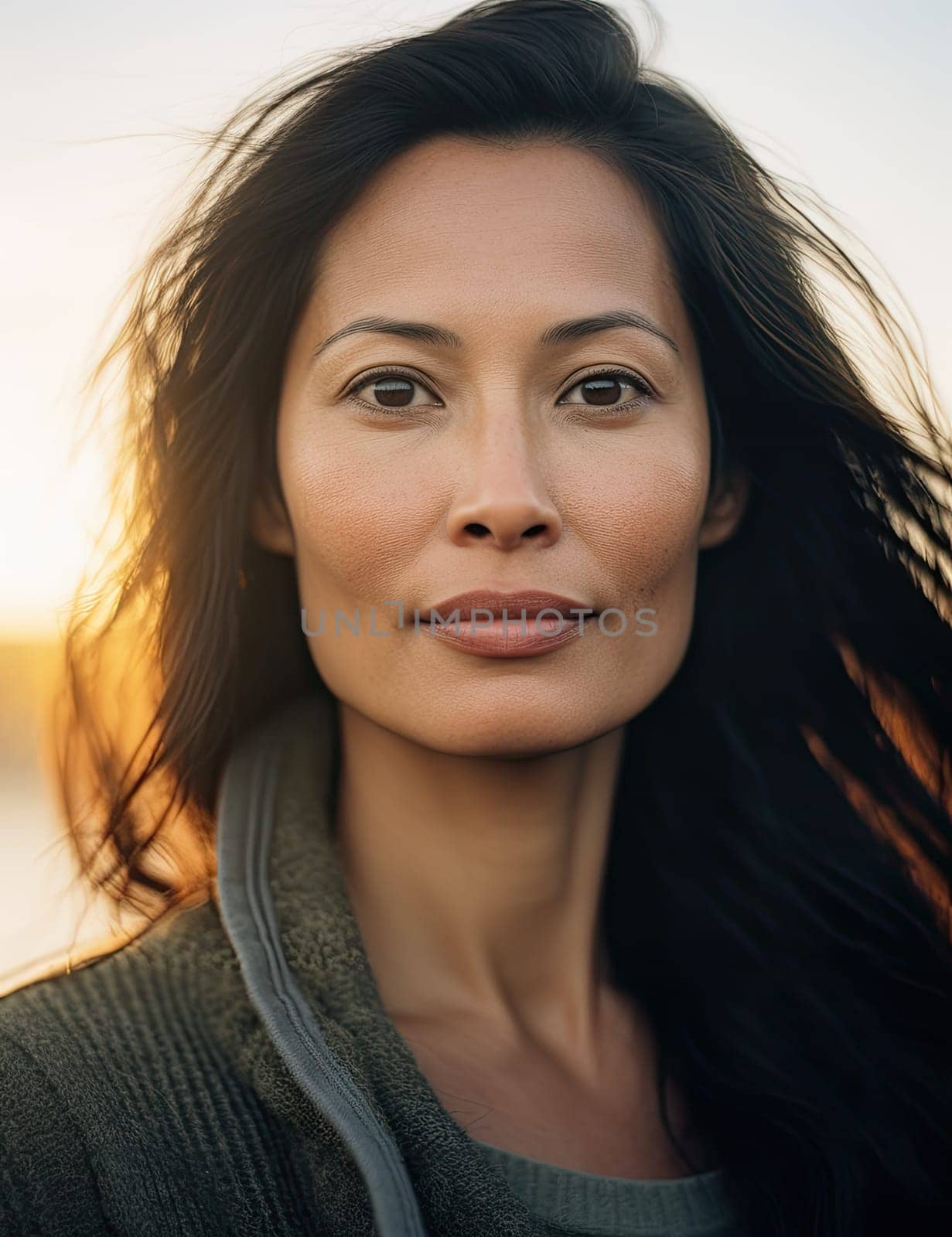 Confident beautiful middle aged asian woman, calm and optimistic, outdoor portrait, AI generated