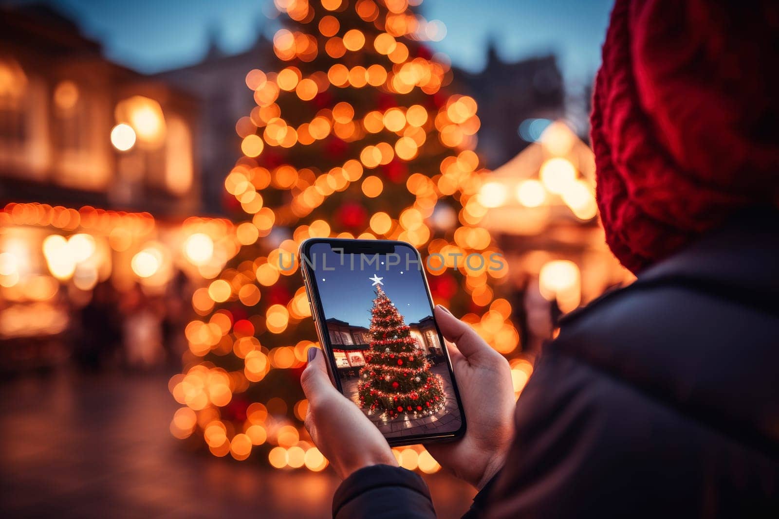 A person takes picture of Christmas tree on smartphone. Person take shot on smartphone Christmas tree on the city market place. AI generated
