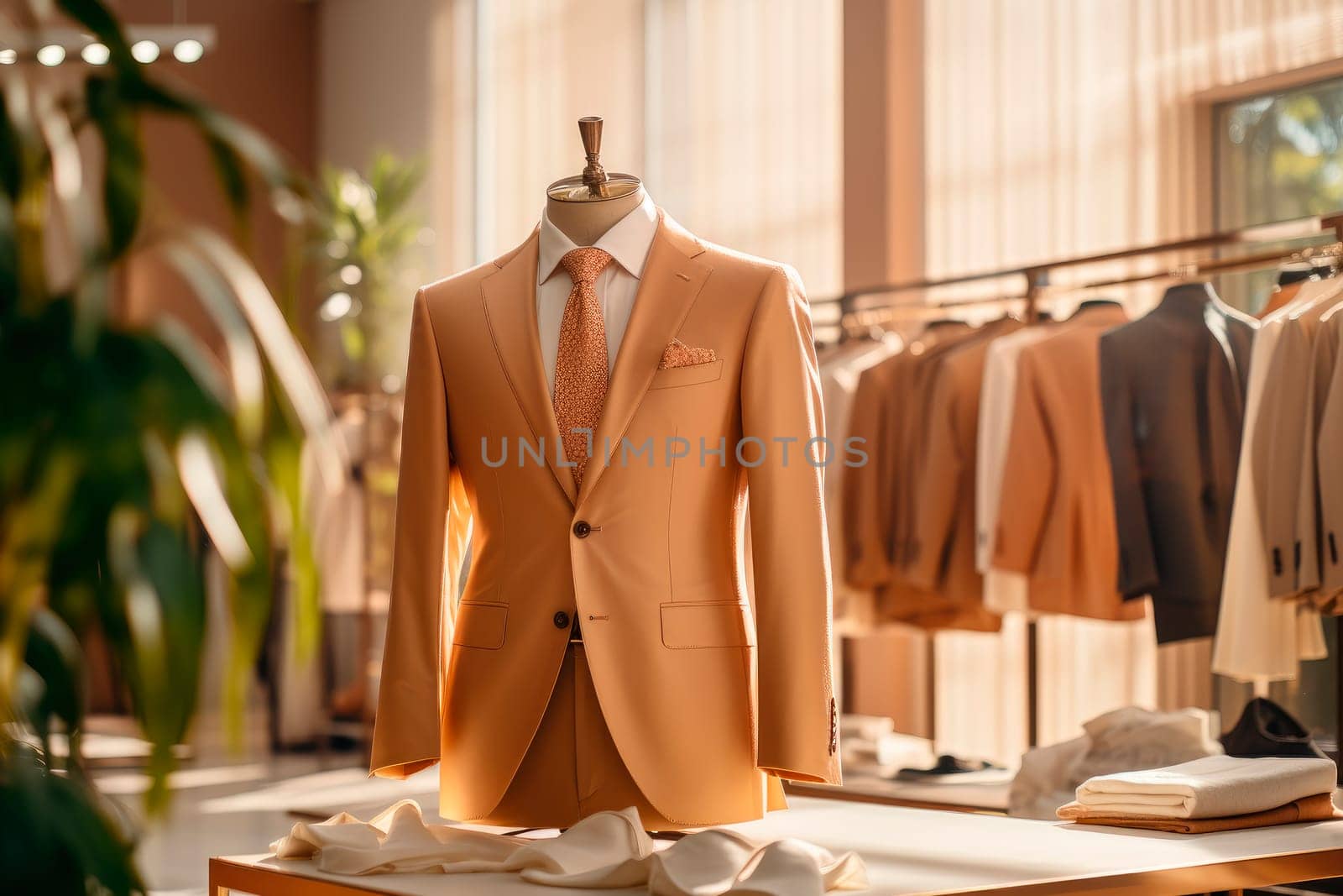 Clothing display featuring a luxurious suit. Men elegant clothing at modern luxurious store. AI generated