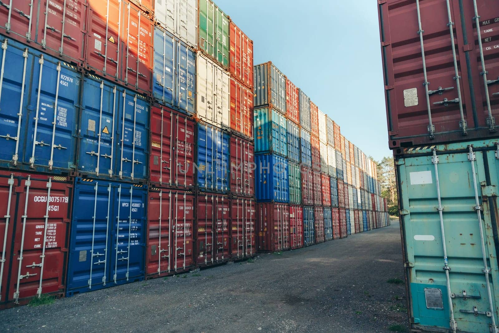 Shipping Containers terminal from Cargo freight ship for import export, logistic and international delivery concept