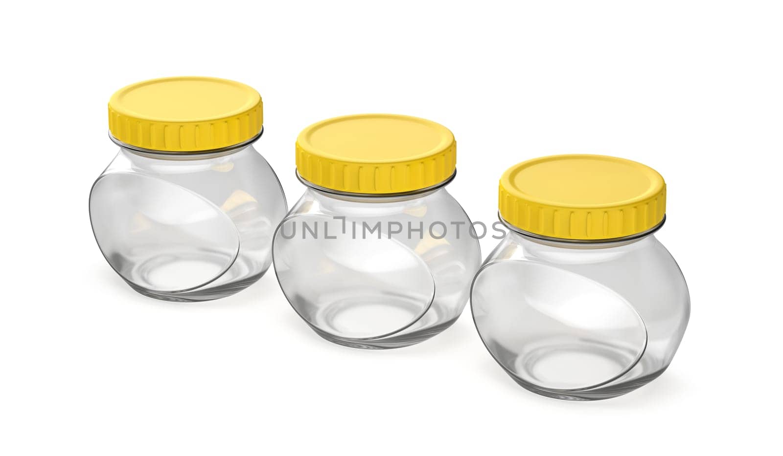Three empty oval glass jars with yellow plastic lids on white background
