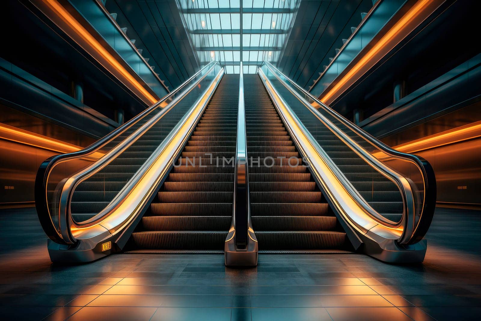 Escalator in modern shopping mall. Modern luxury escalators with staircase at airport or supermarket. AI generated