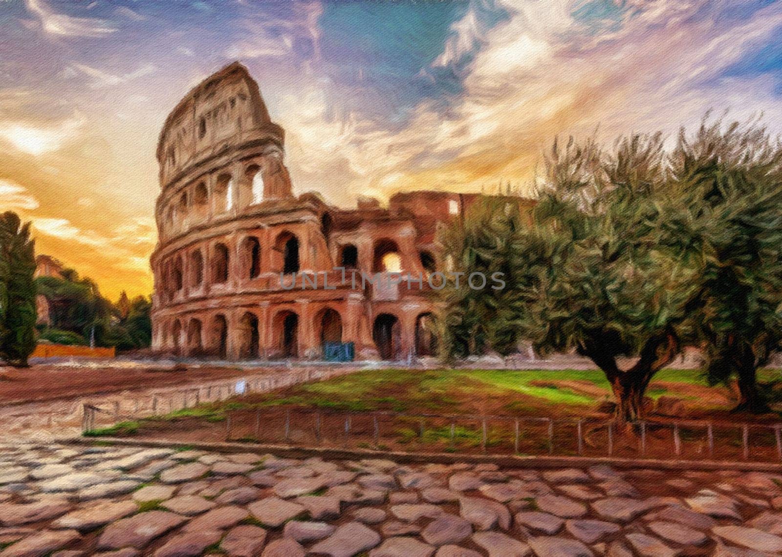 Rome, Italy - Sunset behind the Colosseum - Creative illustration, vintage impressionistic design
