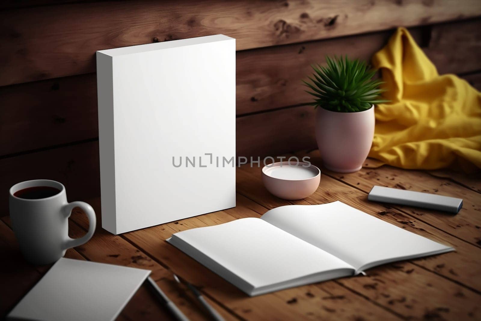 Book cover blank white vertical design template on a table - room interior