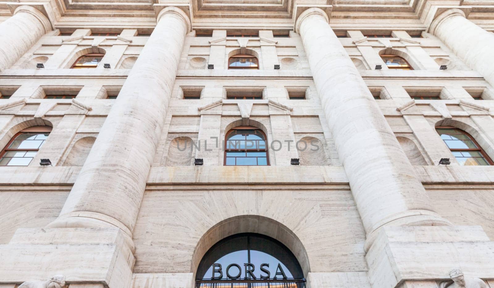 Milan, Italy - Circa March 2022: stock market building - Borsa di Milano, Italian finance and business core
