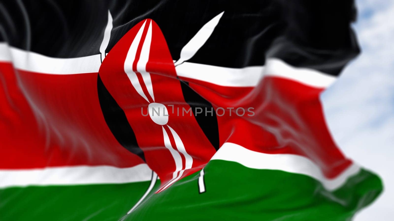 National flag of Kenya waving on a clear day. Black, red, and green bands separated by white lines, with a black Masai shield on two spears in the center. 3d illustration render. Fluttering fabric