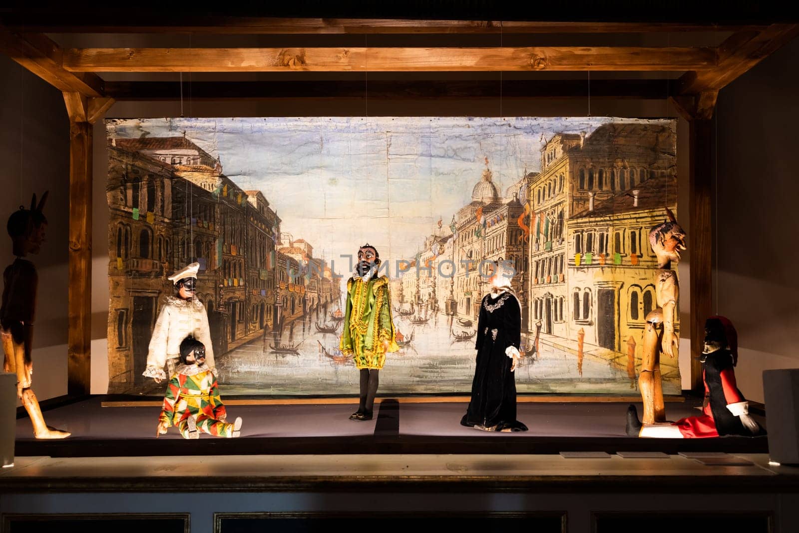 Old puppets theater. Vintage figure, traditional marionette, retro show