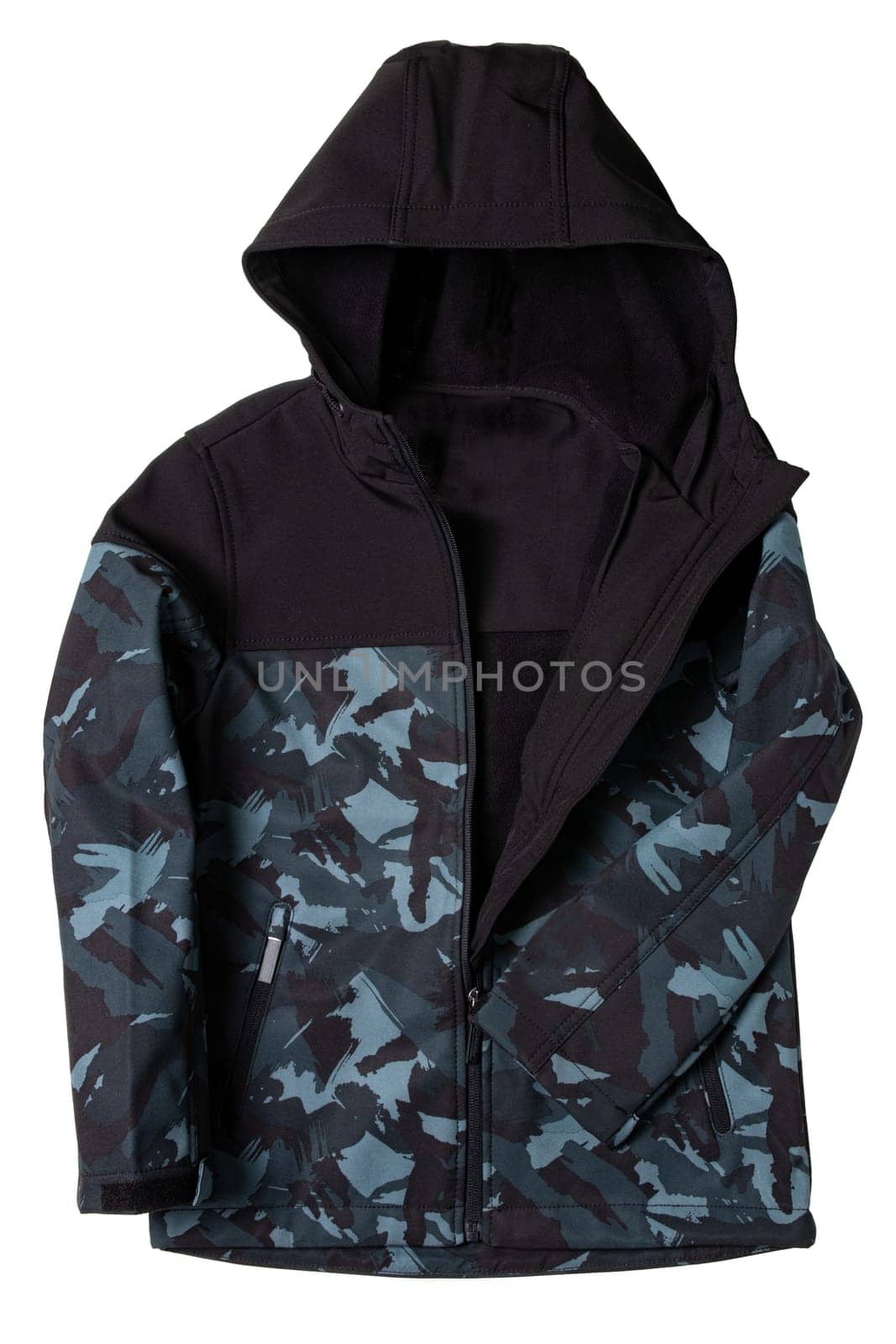 Winter jacket for children. Close-up of children's black warm jacket with hood isolated on white background. Winter fashion. Military style.