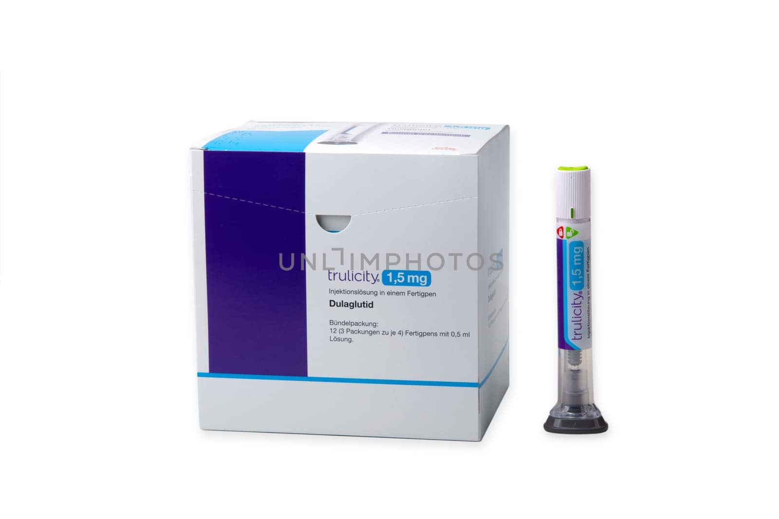 HUETTENBERG, GERMANY - OKTOBER - 20 - 2023: Box of trulicity containing Dulaglutide Pens for treatment of type 2 diabetes and losing weight.