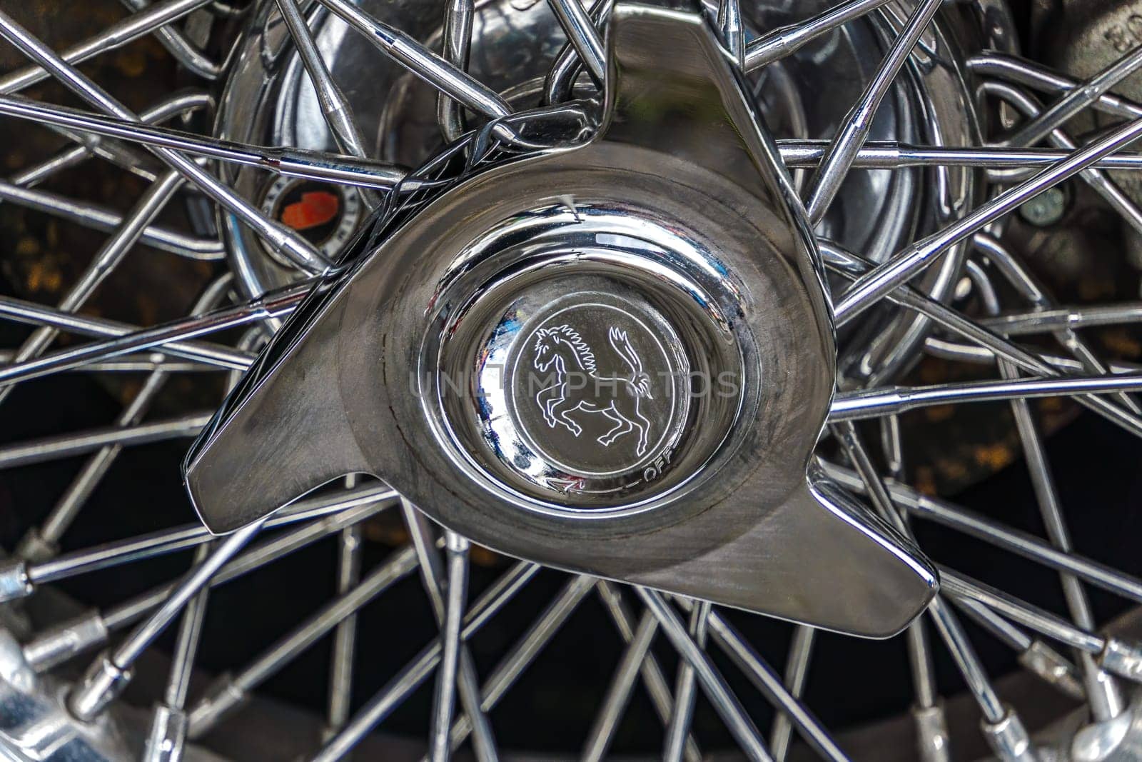 WETTENBERG, HESSE, GERMANY - 07 - 28 - 2023: A detail of a wheel of a Ferrari 250 GT Cabriolet Pinin Farina is on display during the traditional Car Shoew in Krofdorf-Gleiberg near Giessen.