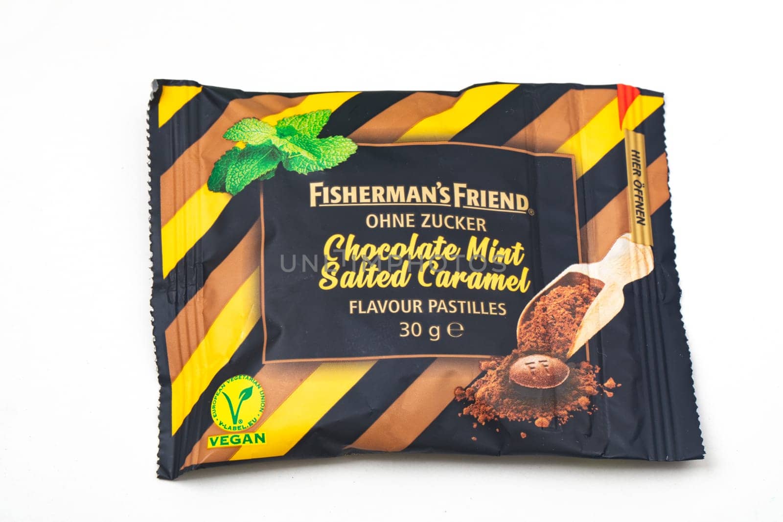 HUETTENBERG, GERMANY - 09-15-2023 - Fishermans Friend - Chocolate Mint Salted Caramel flavour Pastilles