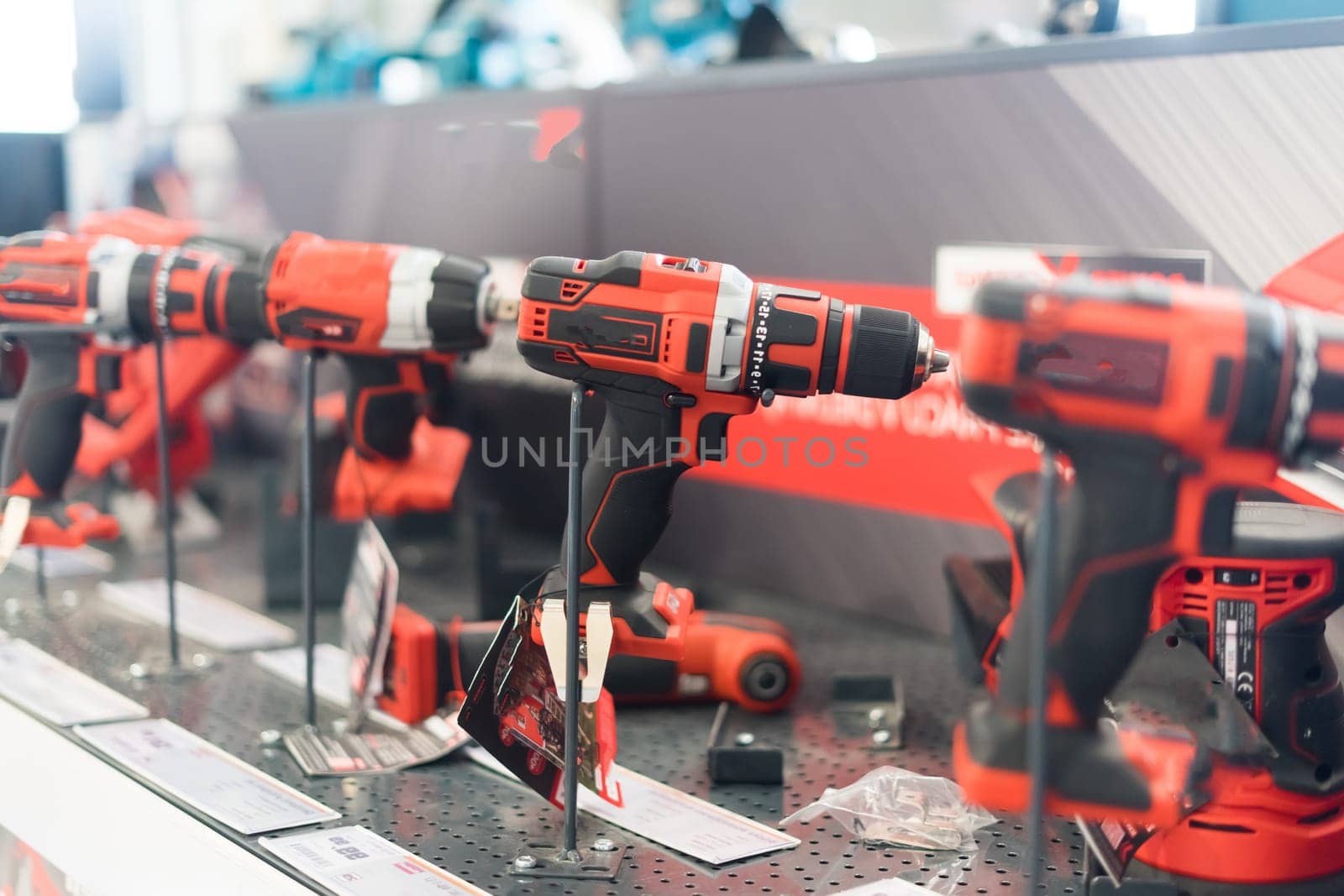 Tool for work, repair and construction in a store. Wired power tools and battery powered equipment