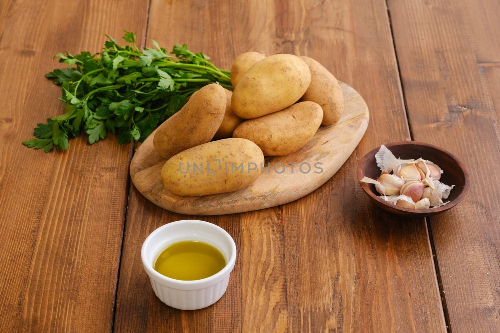 Overhead view of ingredients for potato pancakes on a table