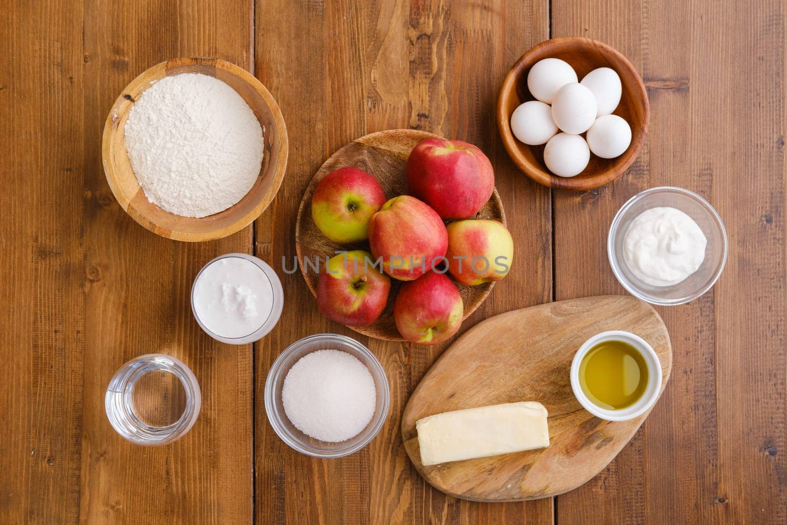 Top view of ingredients for apple pancakes on a table