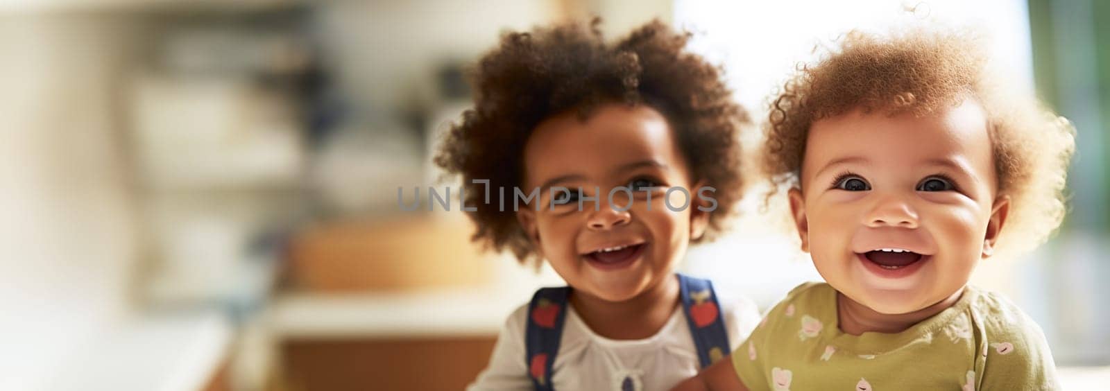 multicultural daycare center with African American toddler babies. Group of workers with babies in nursery or kindergarten playful. copy space