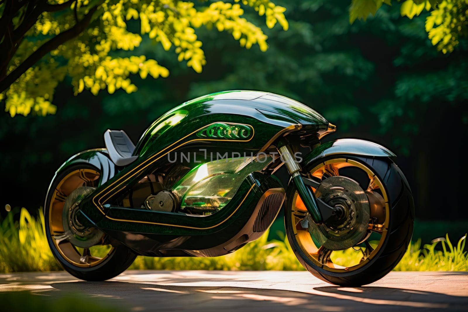 A futuristic unreal ecologic motorcycle in a sustainable green city on a bright sunny day. Future transport concept. Modern transport and science fiction concept. AI generated