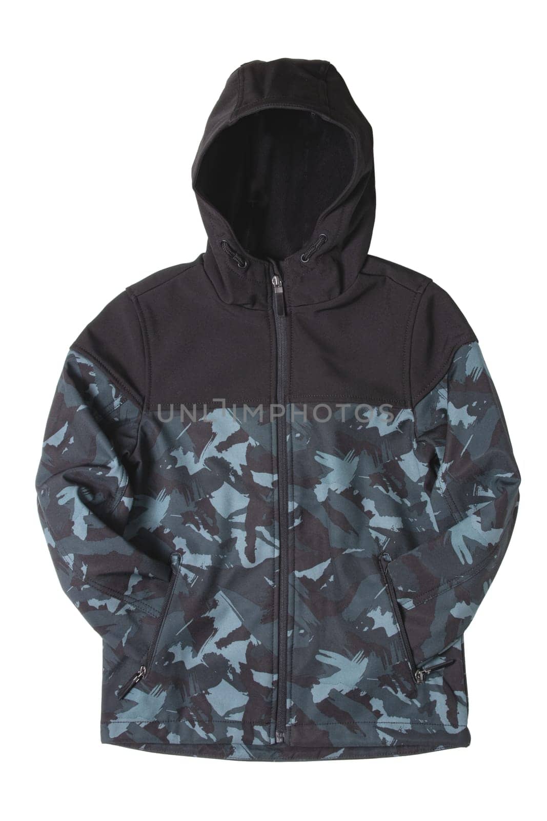 Winter jacket for children. Close-up of children's black warm jacket with hood isolated on white background. Winter fashion. Military style.