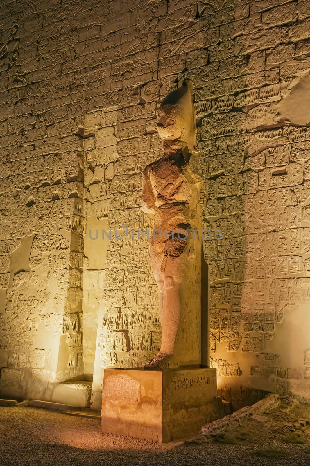 Night view of standing statue in Karnak temple. Luxor. Luxor, Egypt. Vertically.