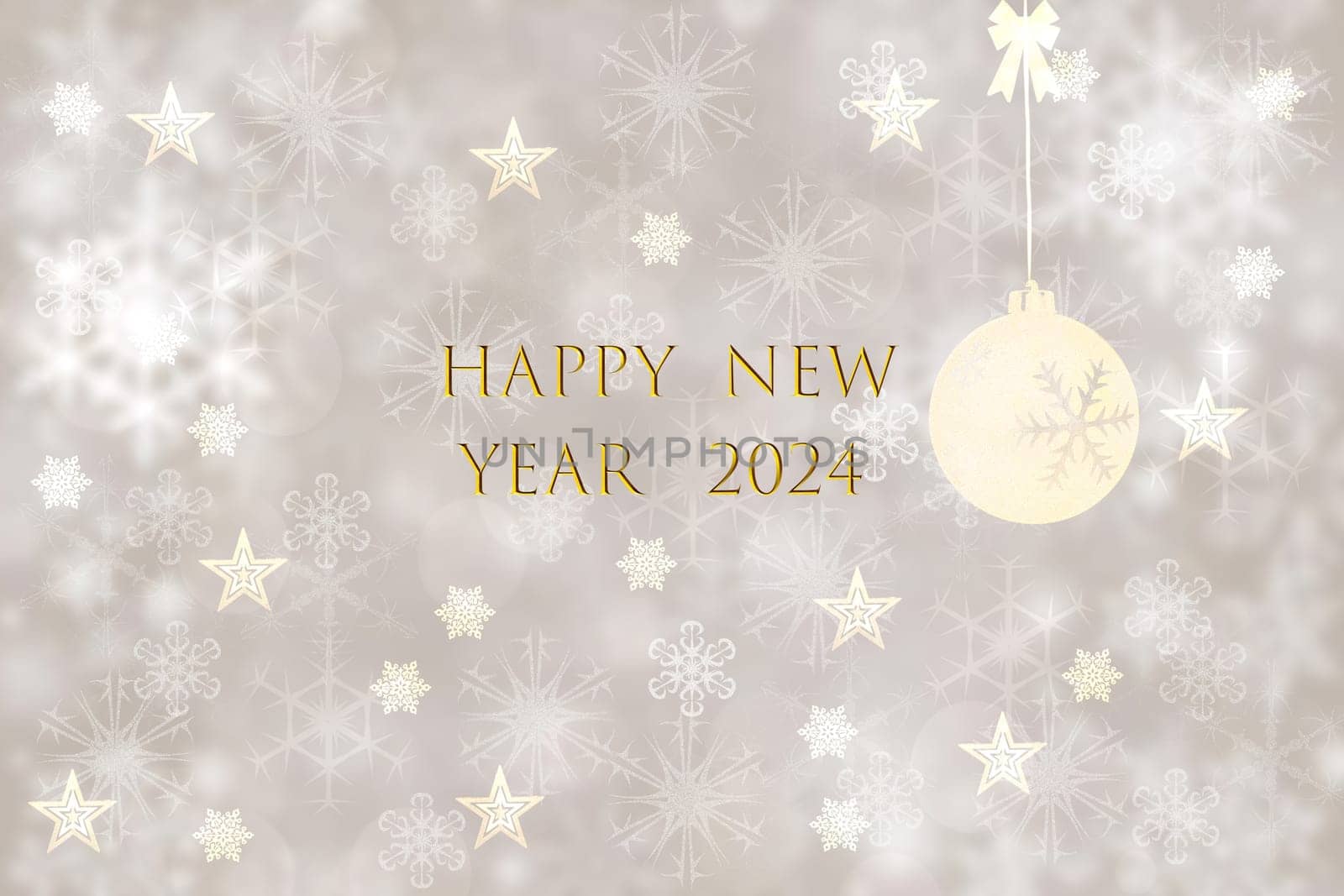 Merry Christmas and Happy New Year 2024 card background texture design with abstract blurred festive beige and yellow bokeh lighted glittering snowflakes and stars.