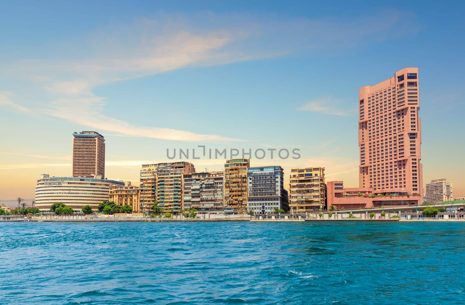 Nile River scenery and fashionable buildings of Cairo, Egypt.
