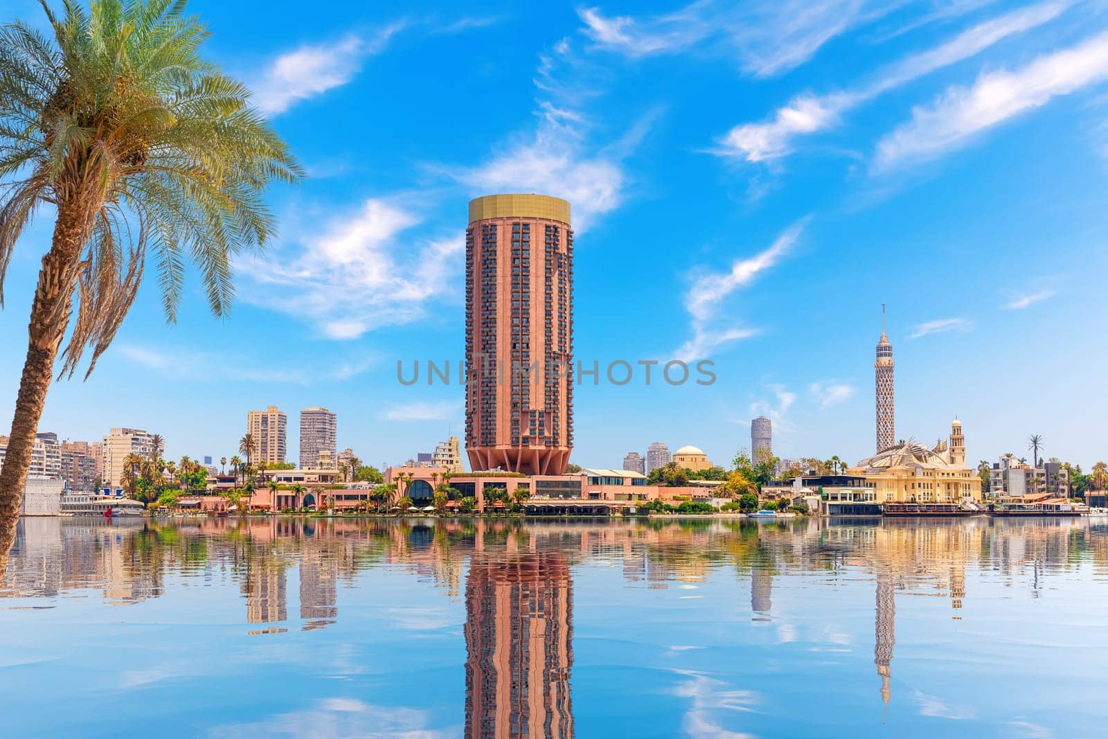 Nile banks and the main landmarks in the central part of Cairo, Egypt.