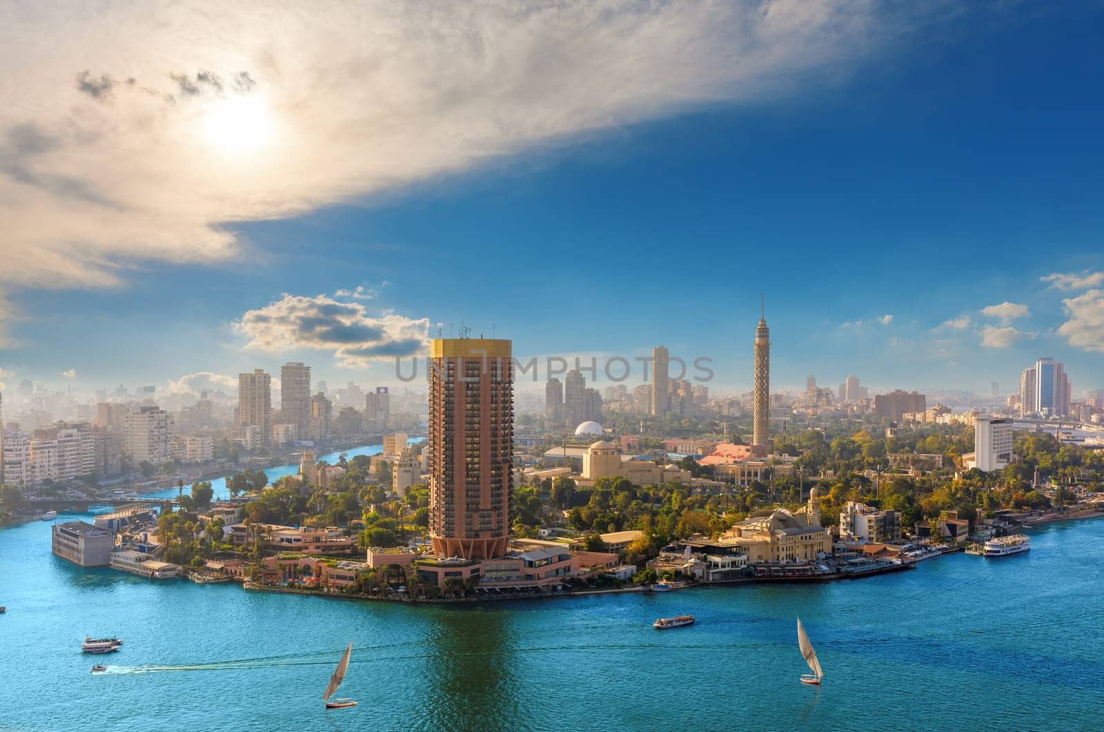 Aerial view on the centre of Cairo by the Nile river, Egypt.
