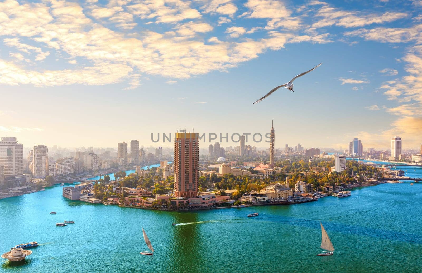 Rare panorama of Gezira island, famous view on the Nile in the center of Cairo, Egypt.