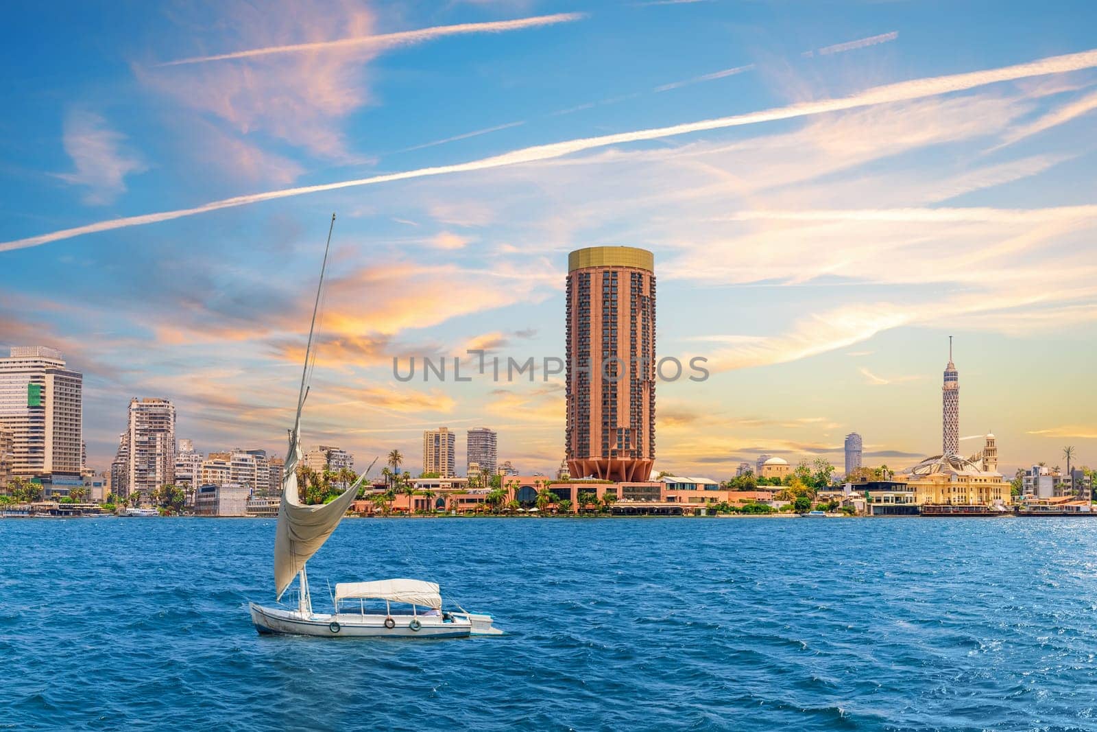 Wonderful Nile river, yacht and view of Cairo, Egypt.