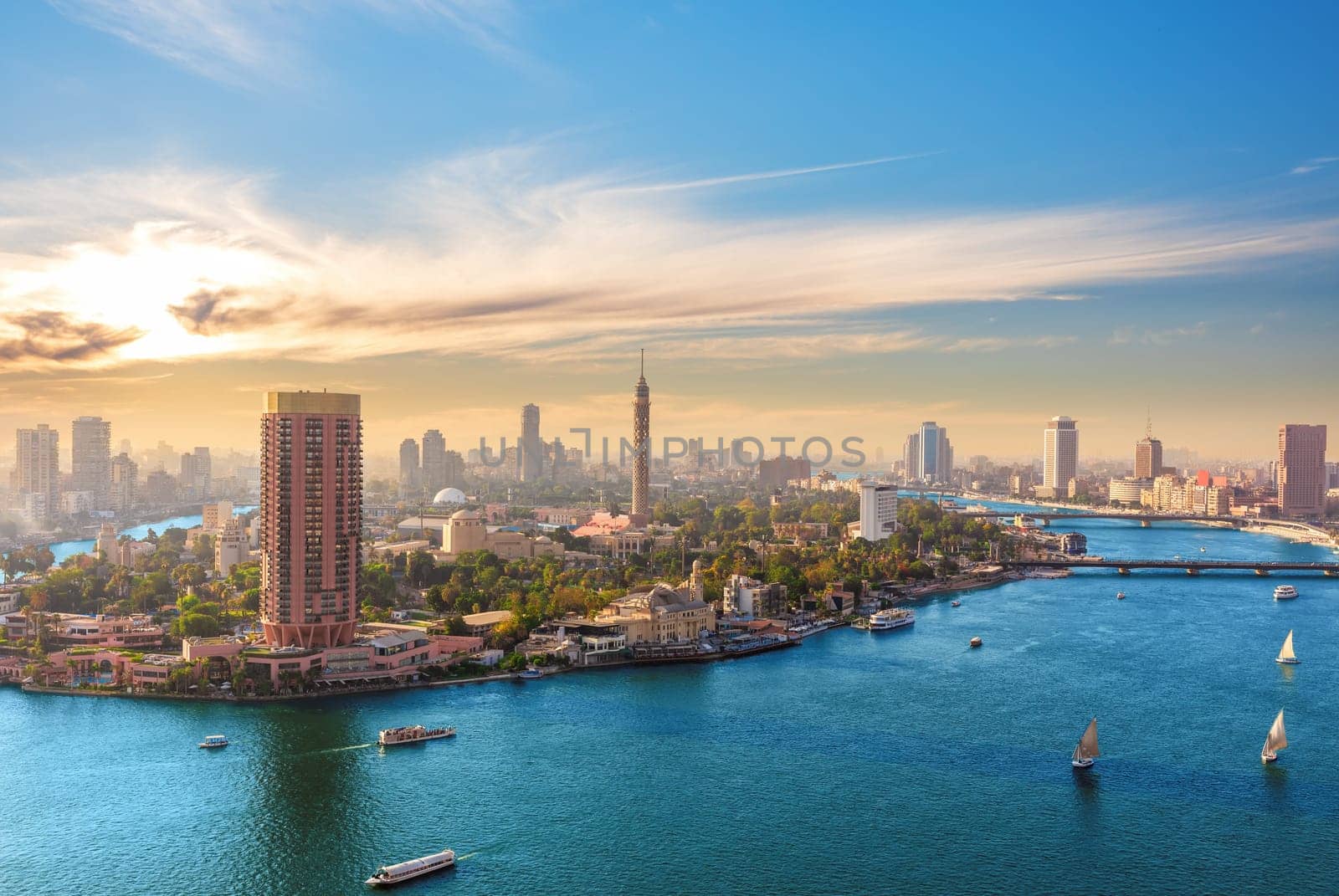 Fabulous aerial view of the Nile, Gezira island and sky in Cairo, Egypt.