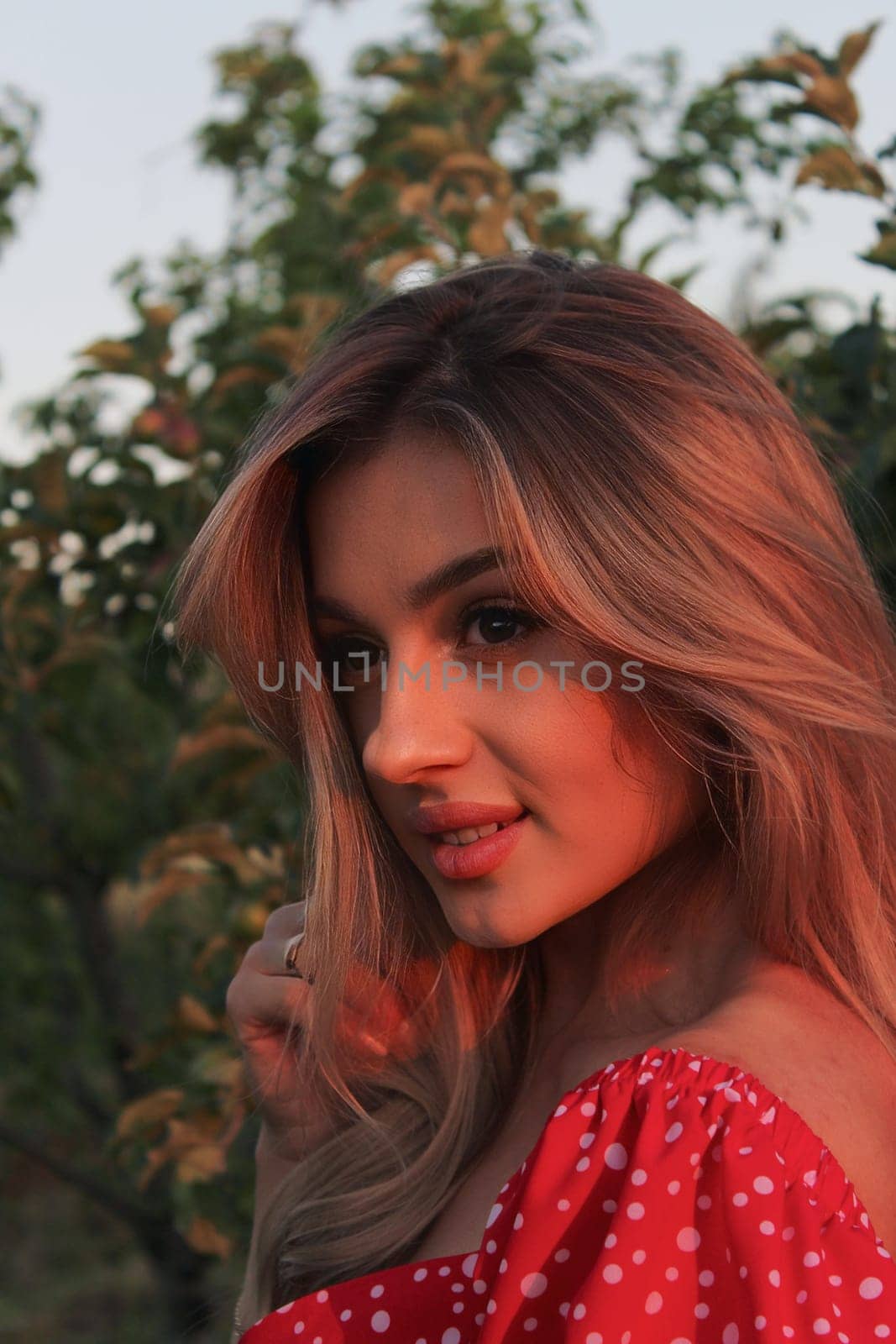 Beautiful sexy attractive girl enlightened by sunset.