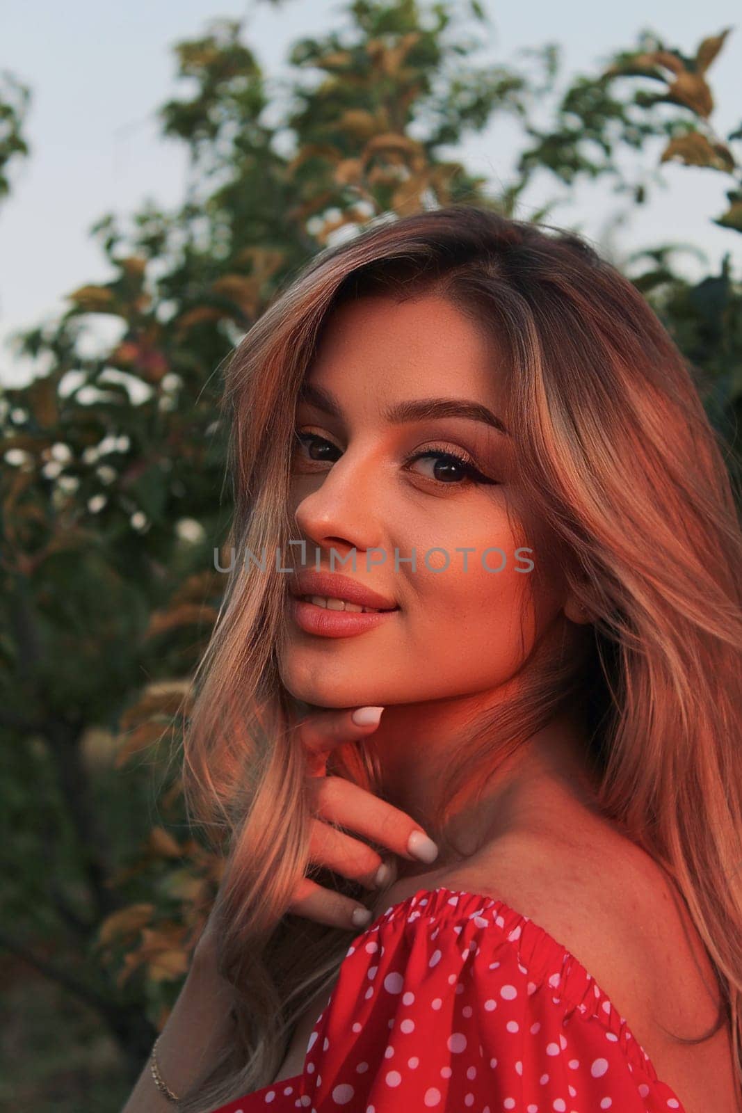 Beautiful sexy attractive girl enlightened by sunset.